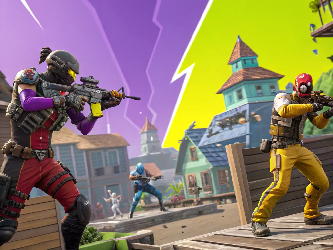 A colorful and engaging scene from 'Fortnite', showing characters building and battling in the game's signature cartoonish style, highlighting its accessibility and competitive gameplay.