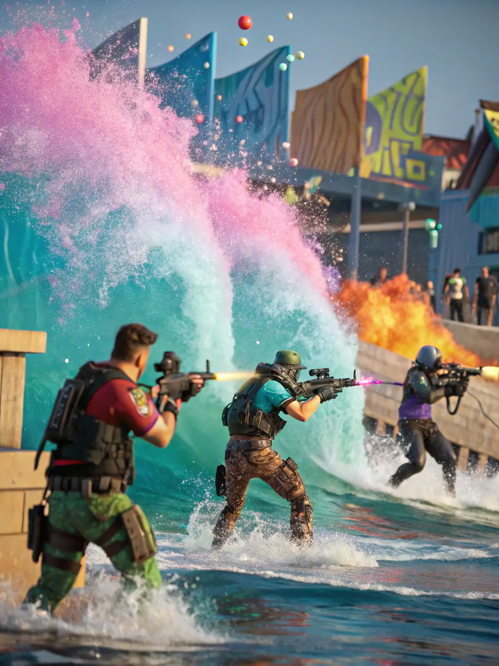 A vibrant and action-packed screenshot from 'Fortnite', showing a group of players building structures and engaging in combat, capturing the game's fast-paced and competitive nature.