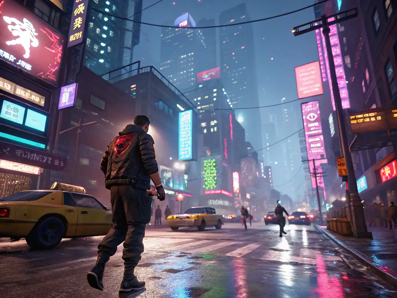 A vibrant screenshot from 'Cyberpunk 2077', showcasing the neon-lit streets of Night City with the player character in action, highlighting the game's immersive open-world environment.