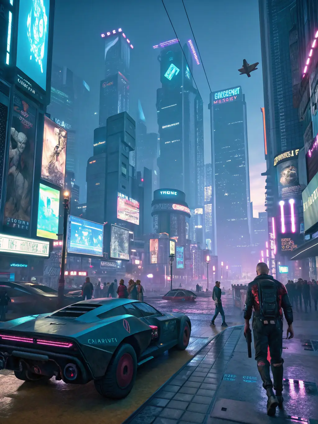 A high-quality screenshot from the game 'Cyberpunk 2077', showcasing the neon-lit streets of Night City and the player character in action, emphasizing the game's immersive open-world environment.