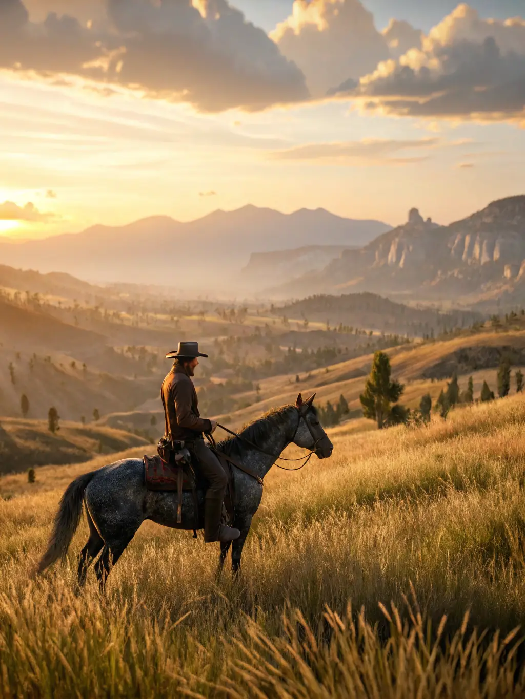 An atmospheric image from 'Red Dead Redemption 2', depicting Arthur Morgan riding his horse through a vast and detailed landscape, emphasizing the game's immersive open-world and compelling narrative.